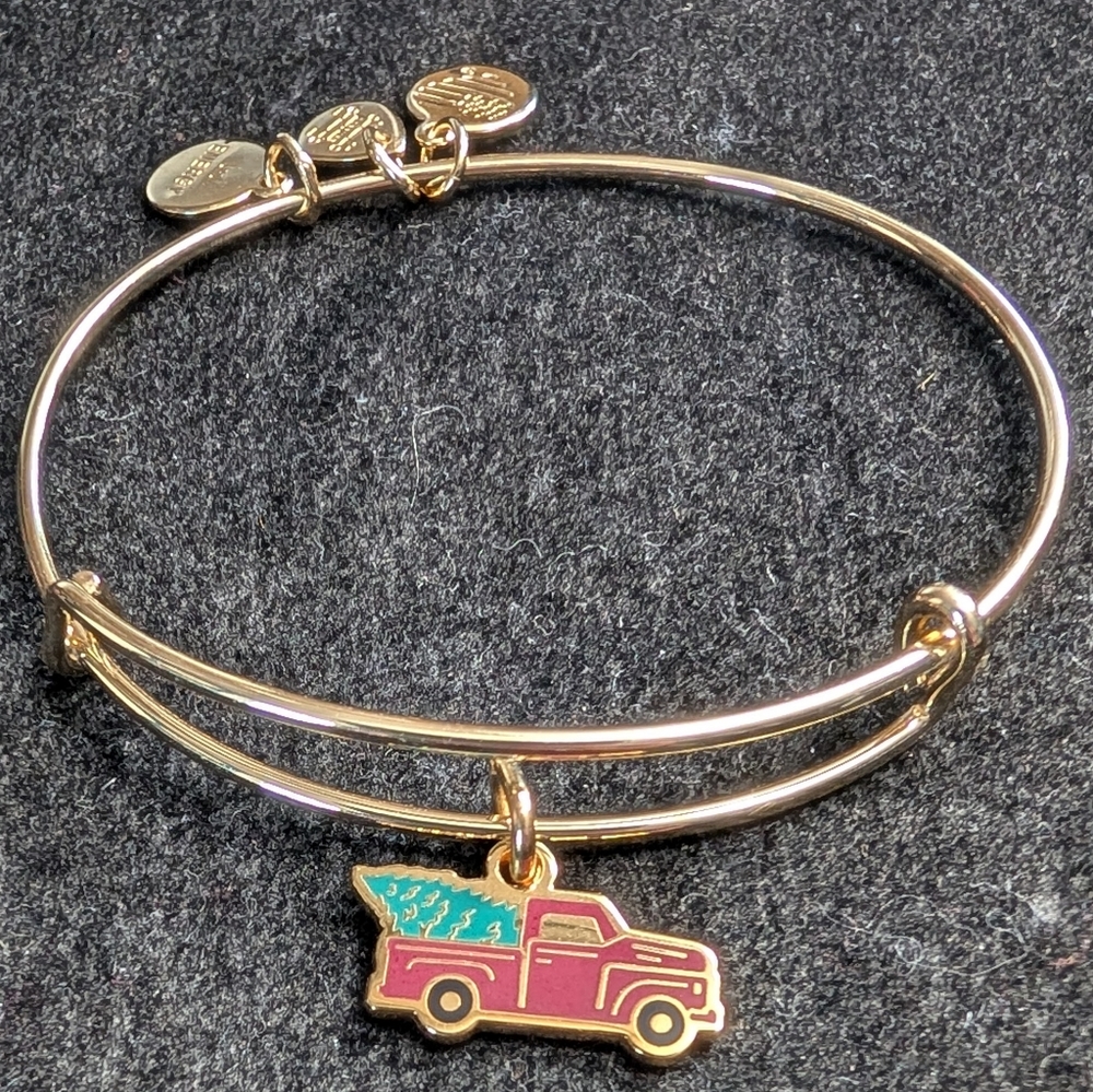 Gold Bangle Expandable Bracelet with Red Truck/Christmas Tree Charm